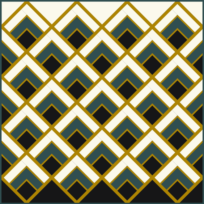 Emerald, black, gold and irony modern Art Deco quilt pattern mock-up