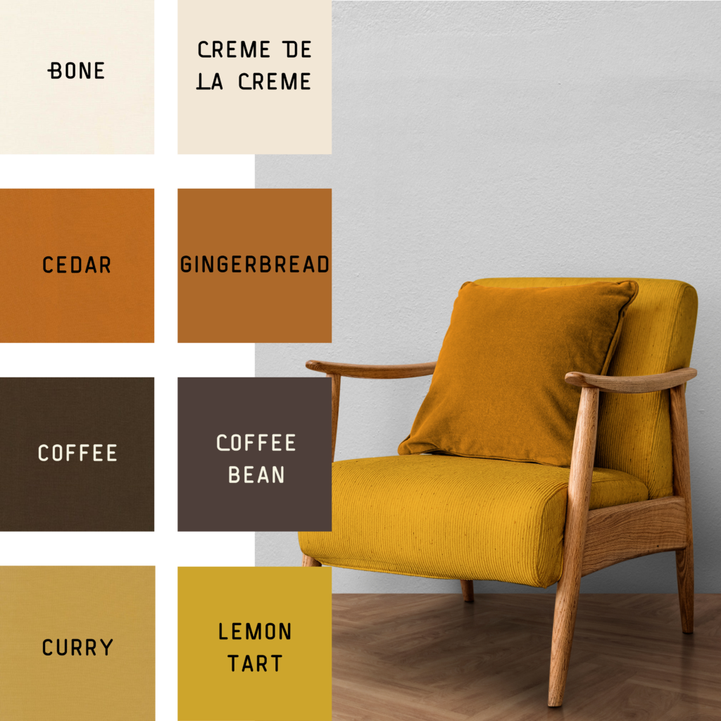 Mid-century modern chair with mustard yellow, gold, and orange fabrics
